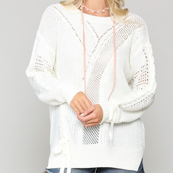 NEW KYEMI white boho sweater pointelle S M L - Picture 2 of 5